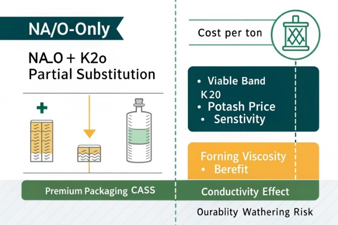 Na2O and K2O substitution chart showing cost, viscosity, conductivity, and durability tradeoffs