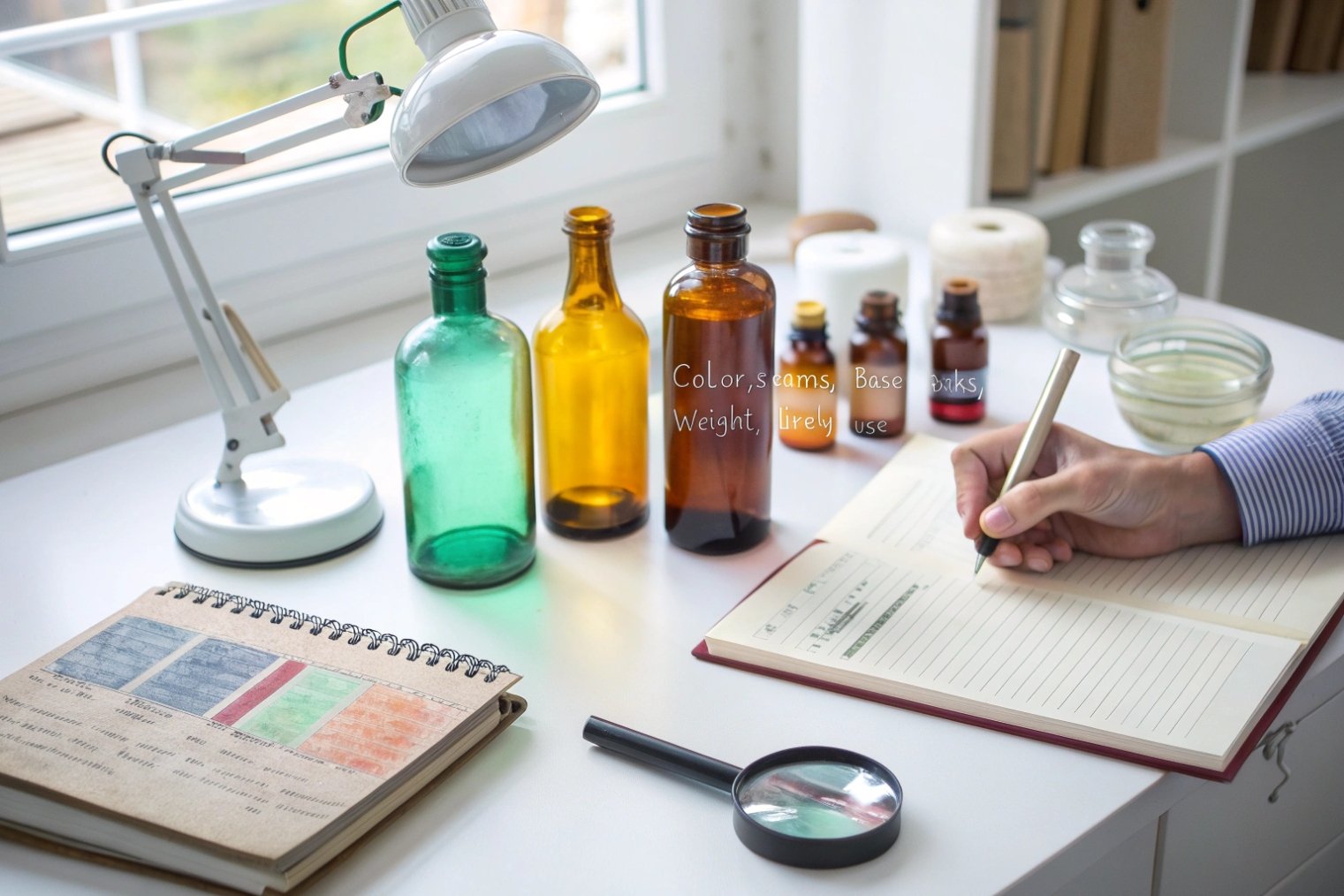 Illustration of weighing and measuring volume of two glass bottles on kitchen scale