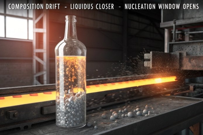 Glass bottle showing composition drift and devitrification seeds near hot end conveyor