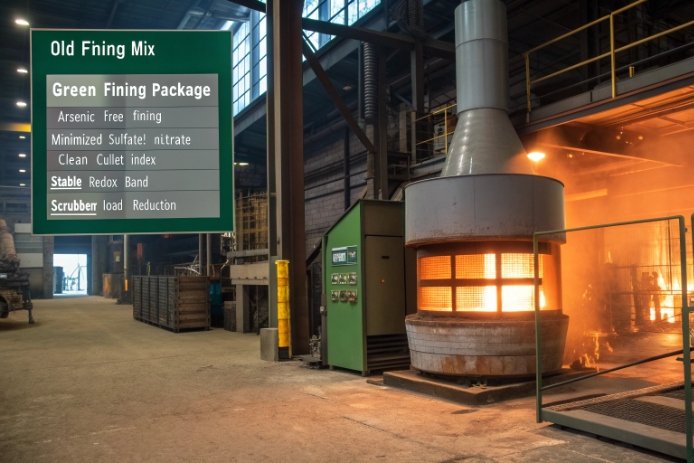 Green Fining Package Glass furnace showing green fining package with arsenic-free mix and stable redox band