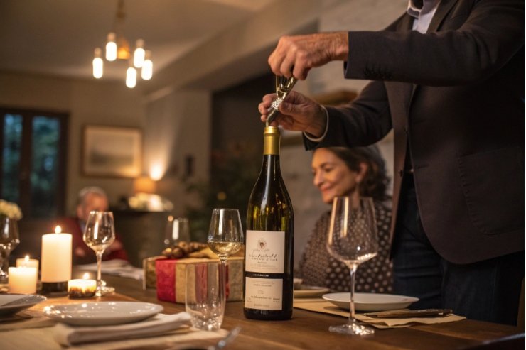 Man opening wine bottle at dinner table, showcasing premium glass wine packaging