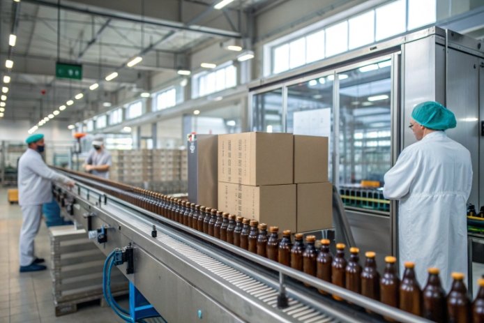 Glass bottle filling line with amber bottles, cartons, and workers in clean factory