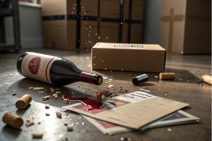 Broken wine bottle with spilled red wine and corks on warehouse floor.