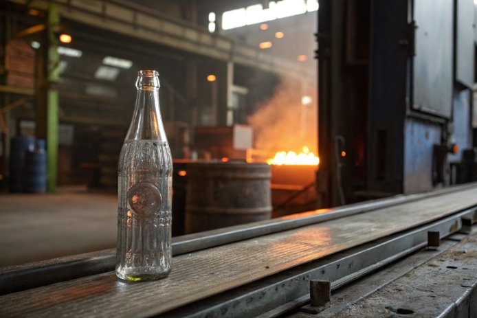 Clear glass bottle on conveyor near furnace in glass manufacturing workshop