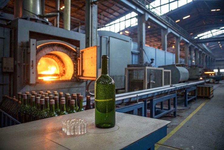 Green wine bottle beside annealing lehr furnace in glass bottle manufacturing plant