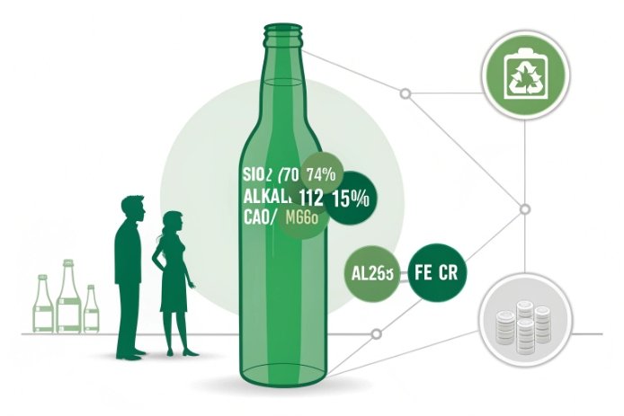 Infographic of green bottle glass chemistry with SiO2, alkali band, and Fe/Cr colorants.