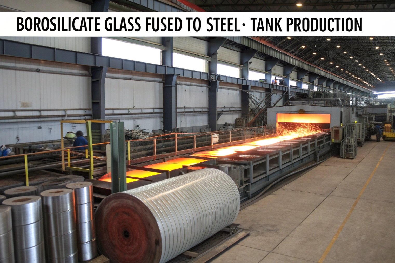 Borosilicate glass fused-to-steel panels exiting furnace on industrial tank production line