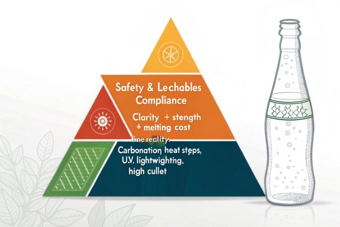 Pyramid infographic showing safety, clarity, strength, and cullet goals beside bottle.
