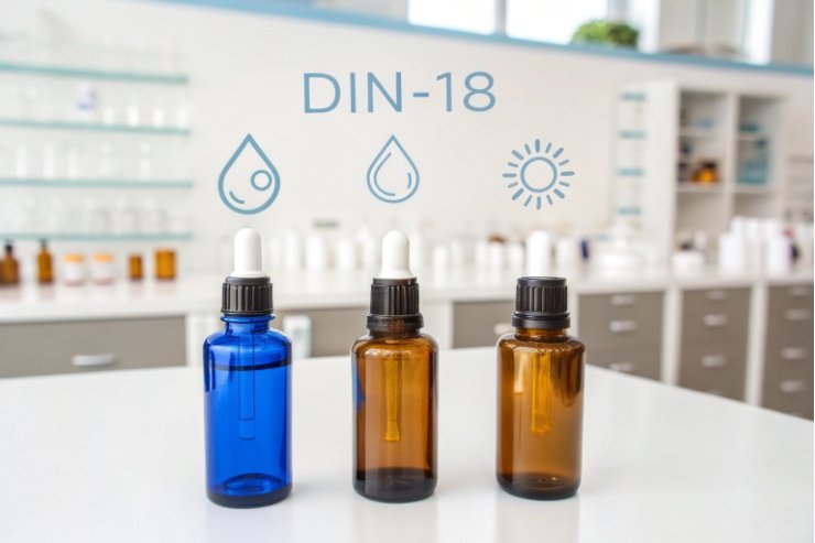 Blue and amber DIN 18 dropper bottles for essential oils on lab counter