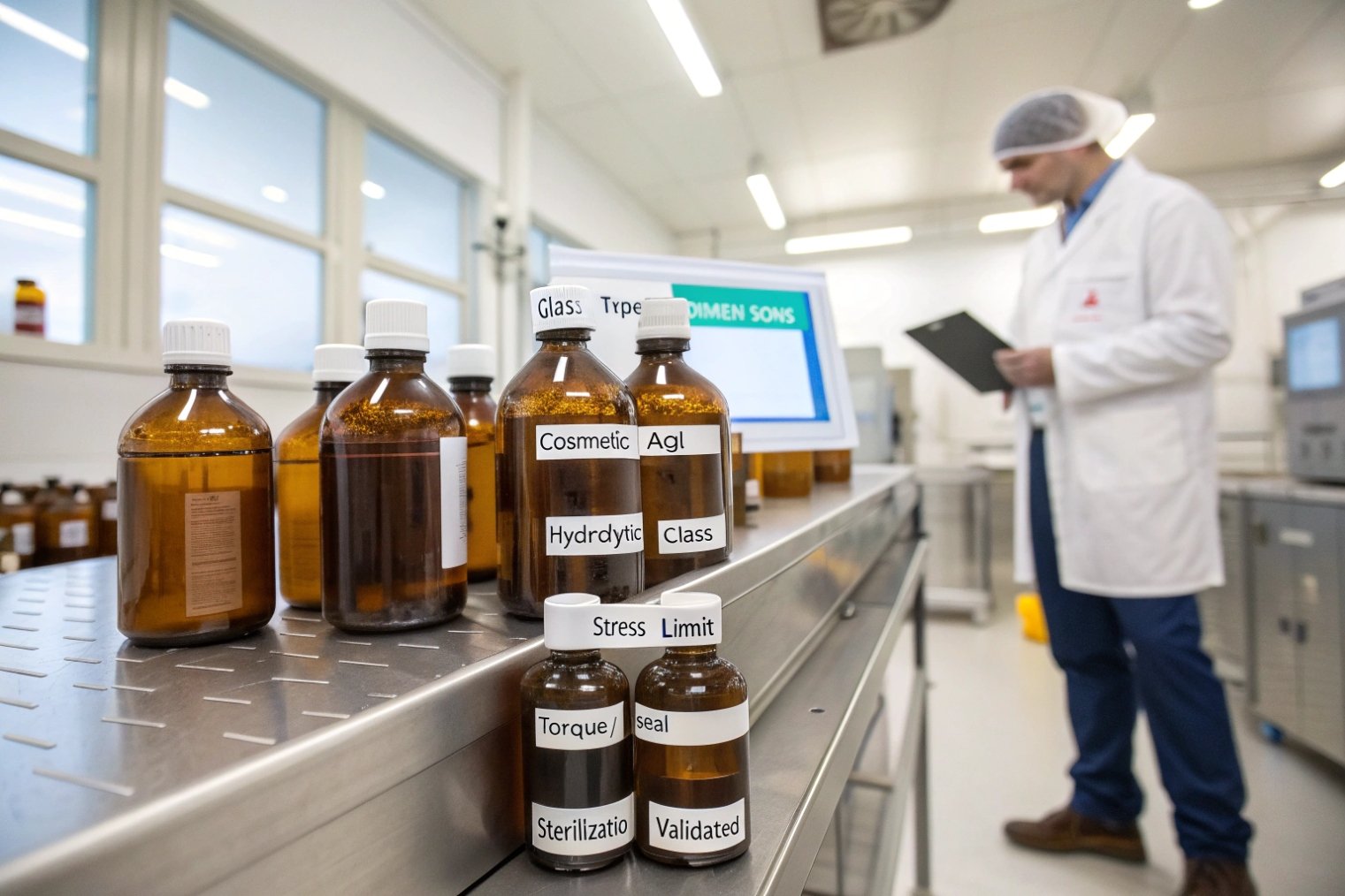 Amber cosmetic glass bottles labeled for quality testing in clean laboratory