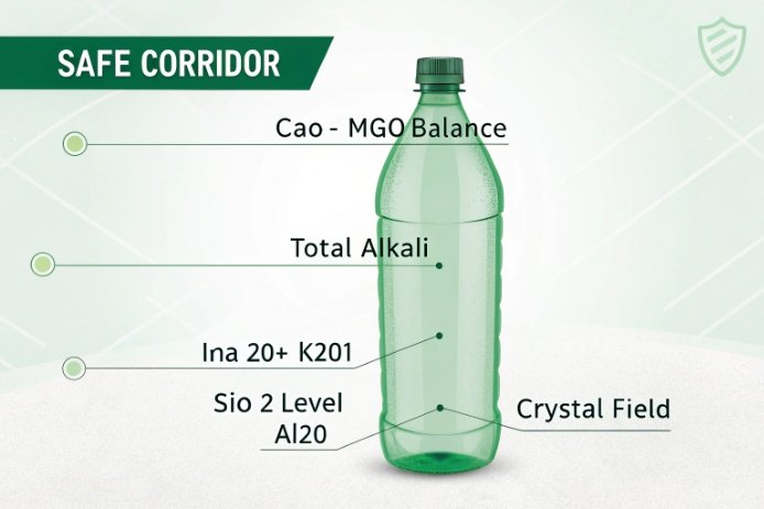 Safe corridor graphic showing green glass bottle chemistry targets for stable production.