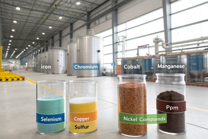 Glass plant raw material samples showing selenium, copper, nickel compounds and ppm levels