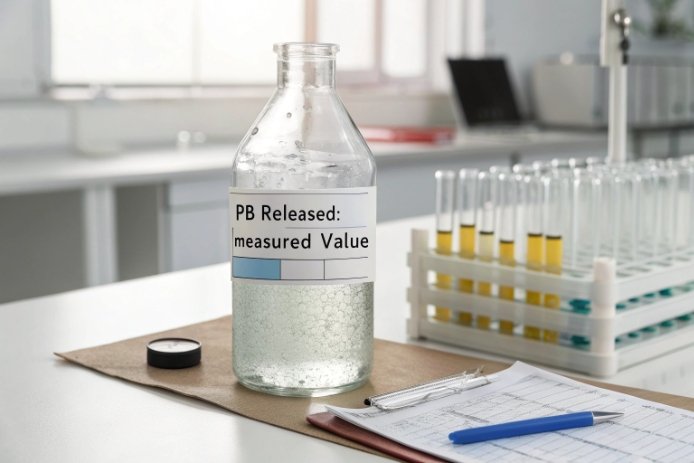 Laboratory glass bottle labeled PB released with test tubes for migration analysis