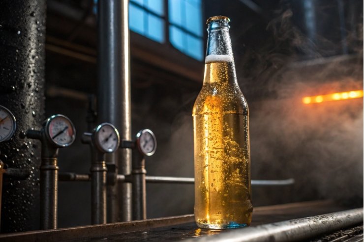 Chilled beer glass bottle in steamy brewery environment with pressure gauges in background