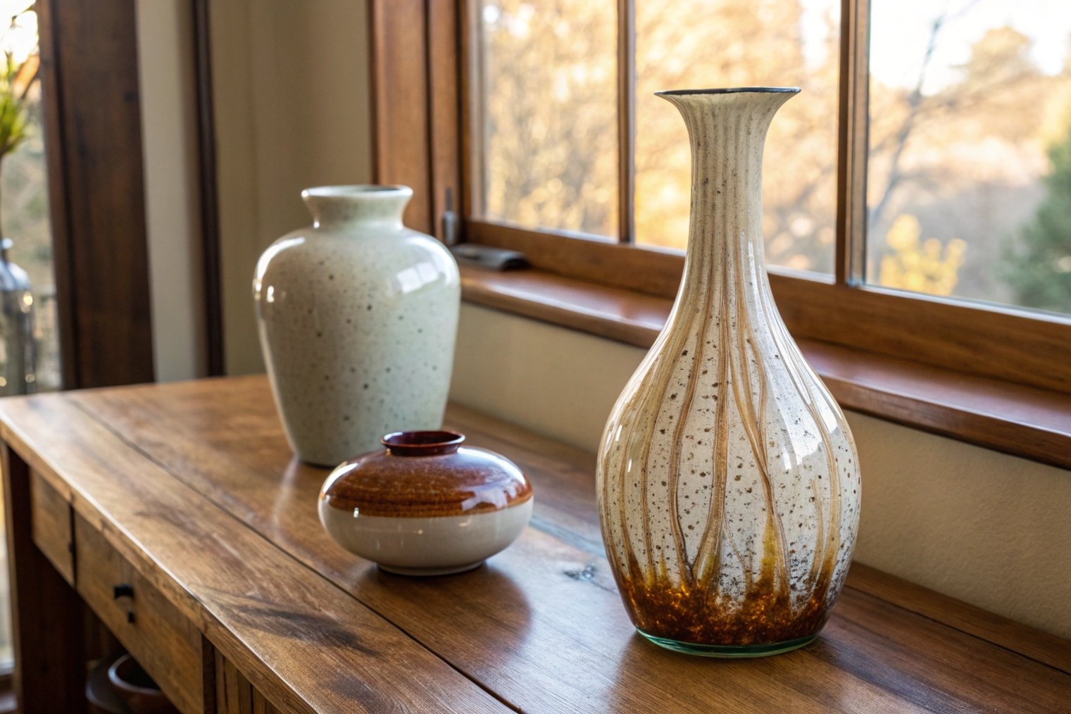 decorative glass vases on wooden console table near window home decor display