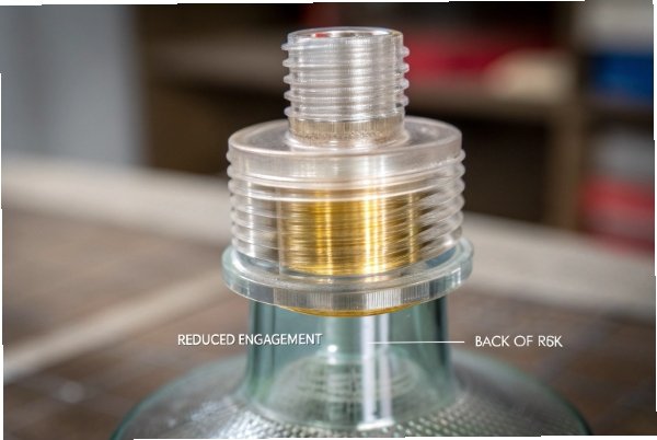 Close up of bottle neck finish showing reduced thread engagement for closure testing