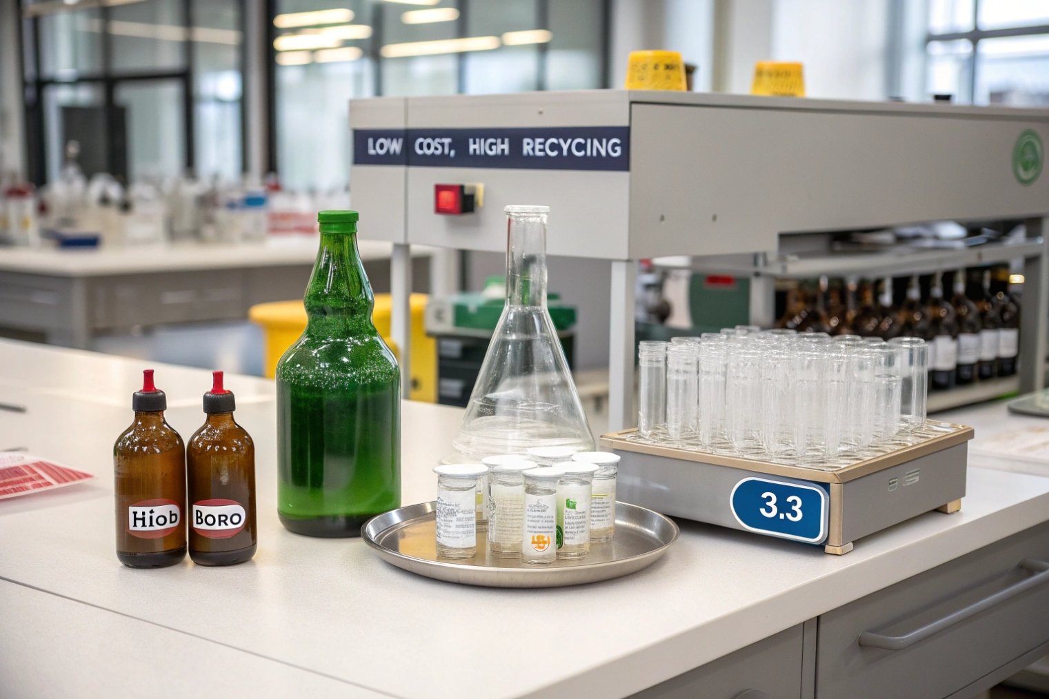 Glass lab with high boro bottles and 3.3 test tubes for recycling research