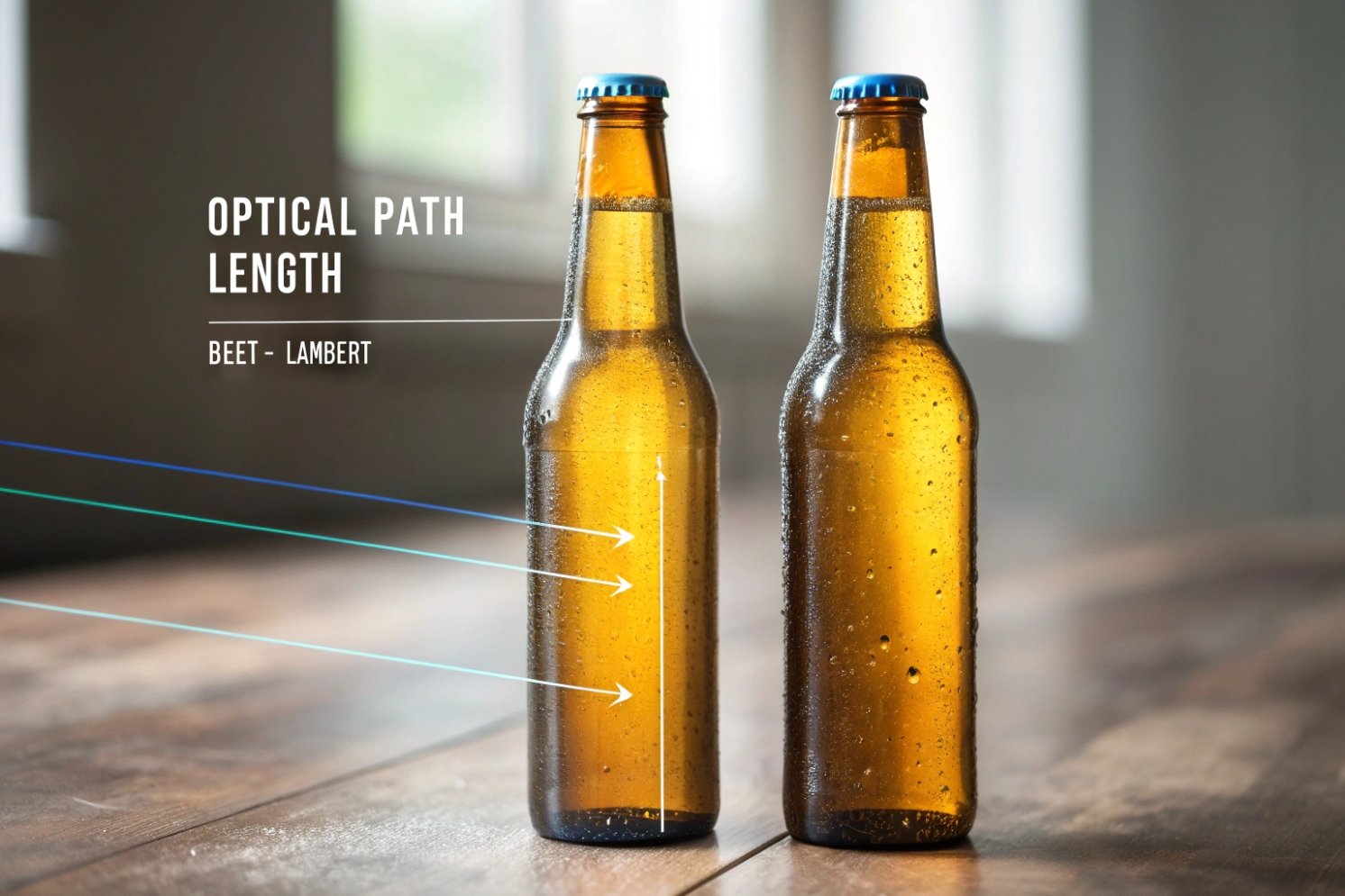 Amber beer bottles illustrating optical path length and Beer–Lambert light absorption