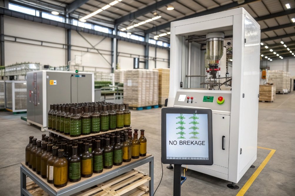 Automatic glass bottle pressure testing machine with full pallets and no breakage result display