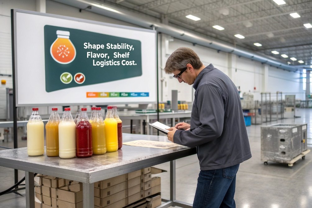 Engineer reviewing juice in glass bottles with presentation on shape stability and logistics cost