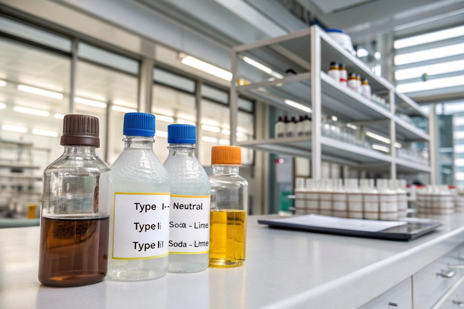 Type I II III pharmaceutical glass bottles with test solutions on laboratory bench