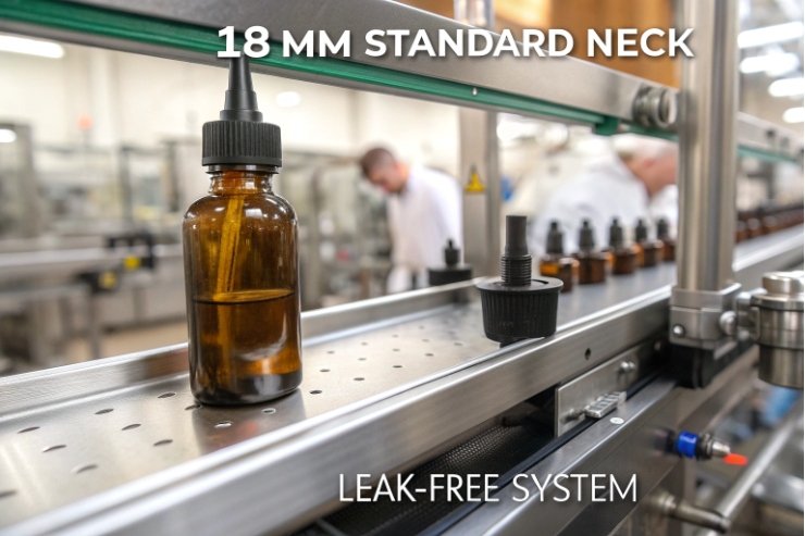 Amber dropper bottle with 18mm standard neck on automated leak free filling line