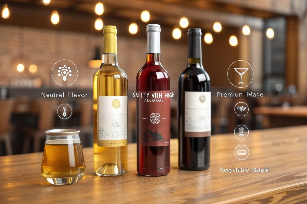 Wine in premium glass bottles highlighting neutral flavor safety and recyclable packaging benefits