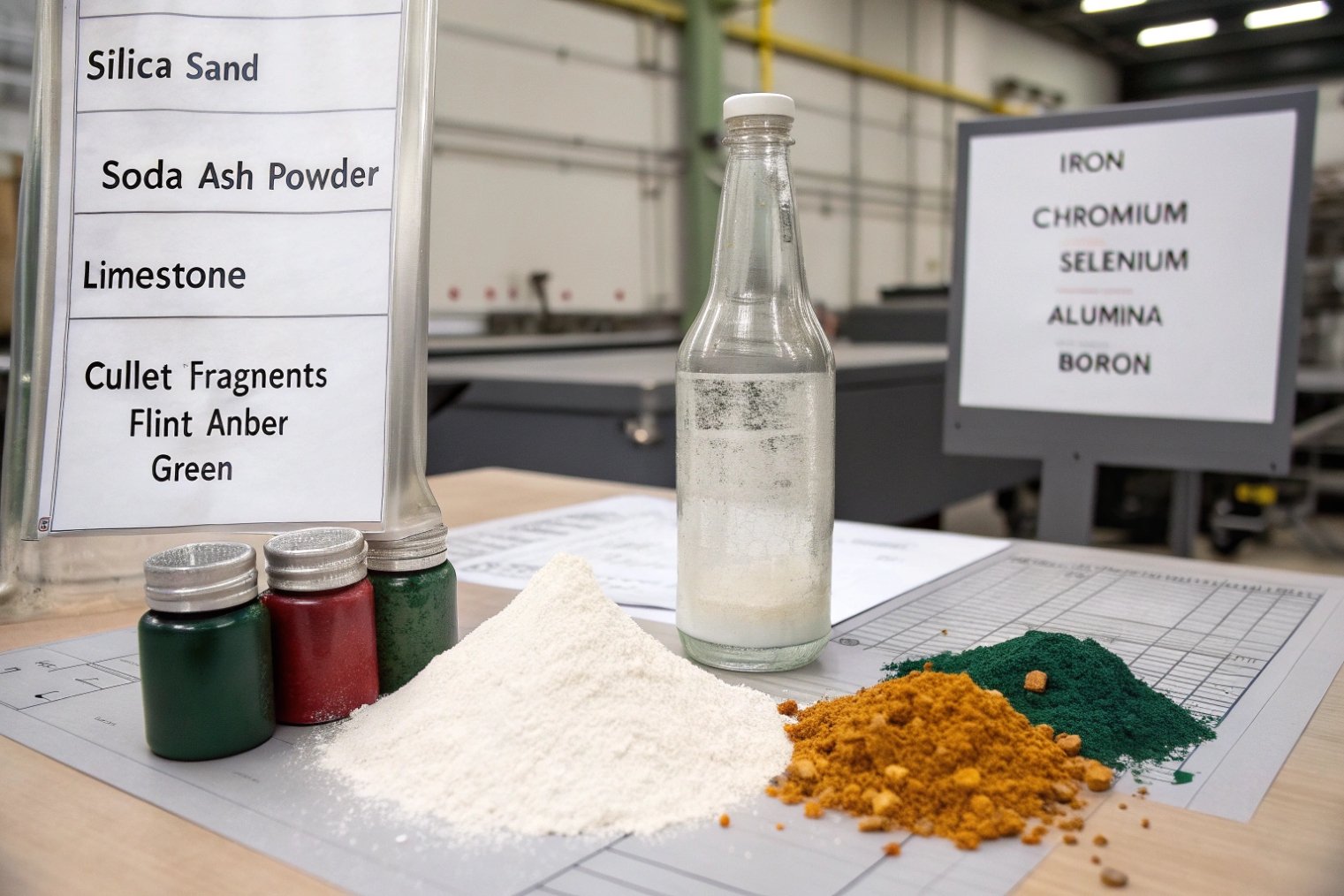 glass batch raw materials powders and cullet colorants with labeled bottle in factory lab