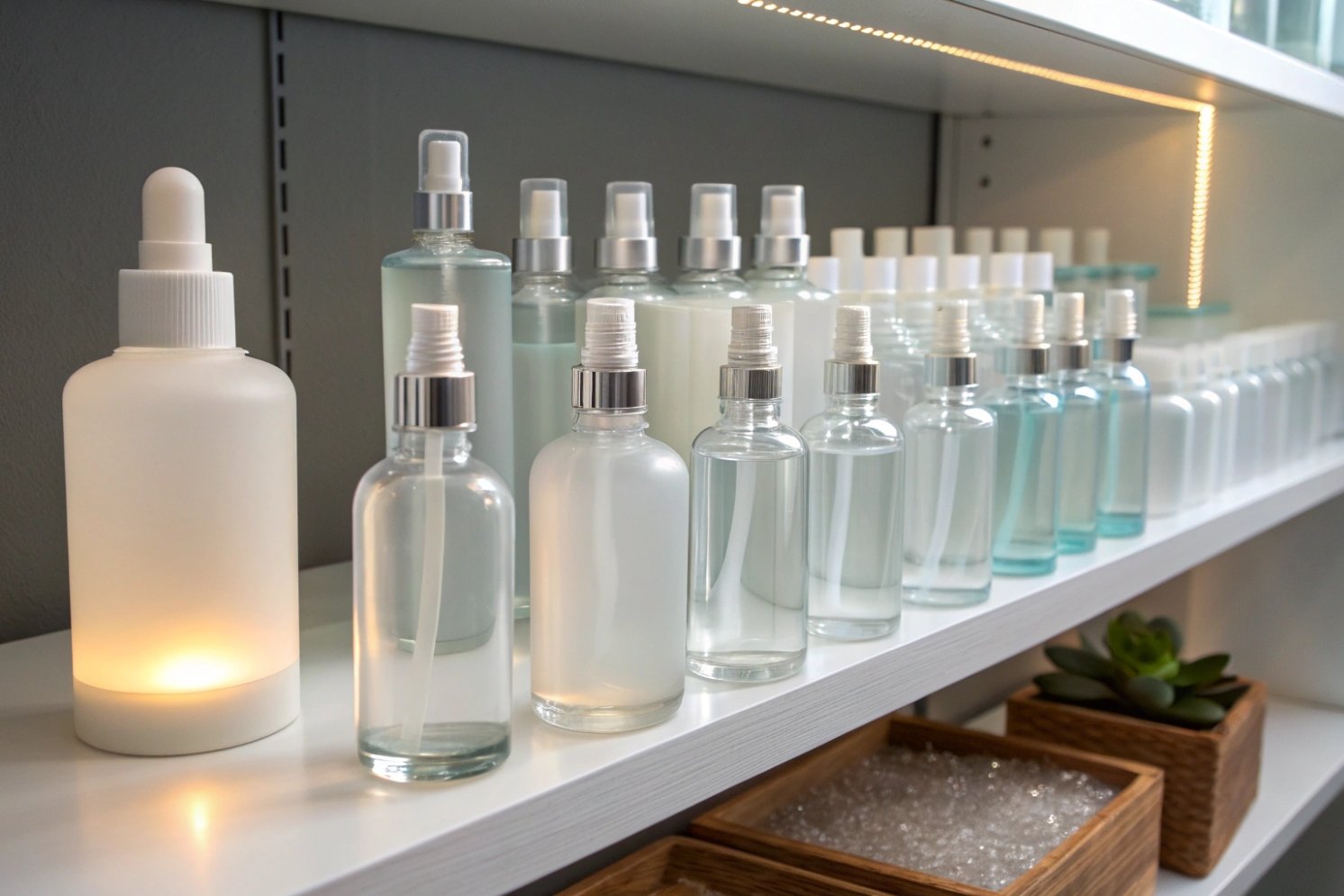 Assorted clear and frosted cosmetic spray bottles displayed on a lit white retail shelf