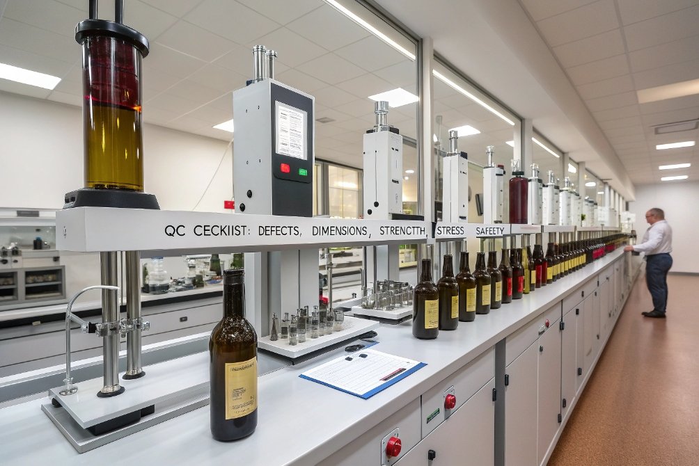 Automated QC station testing wine glass bottles for dimensions strength stress and safety