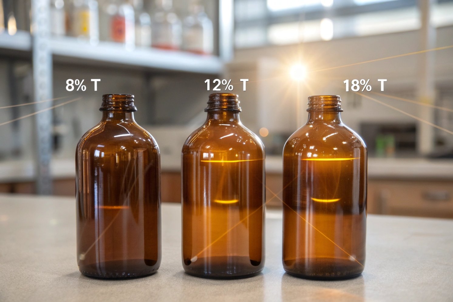 Three amber glass bottles in a lab labeled 8% T, 12% T and 18% T showing different UV transmittance levels