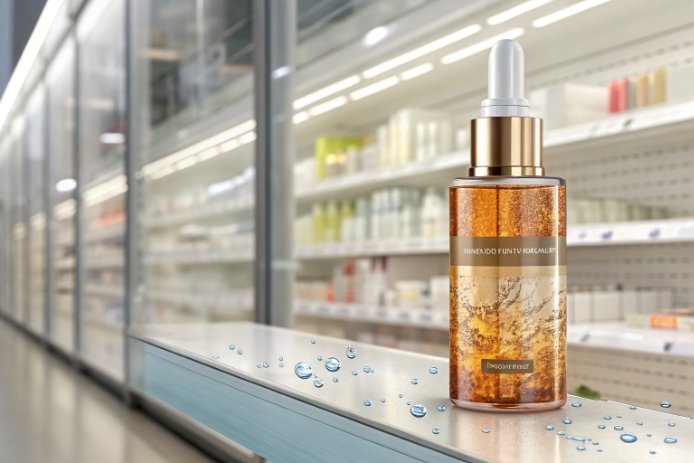 Cosmetic-style glass dropper bottle with amber liquid on a refrigerated retail shelf; water droplets on the ledge.