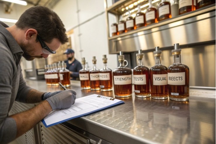 Quality inspector recording test results for whiskey bottles labeled wall thickness strength visual defects