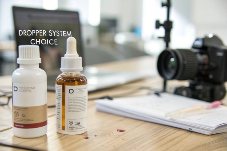 Dropper system choice Medical dropper system choice bottles on photography setup table with camera and laptop