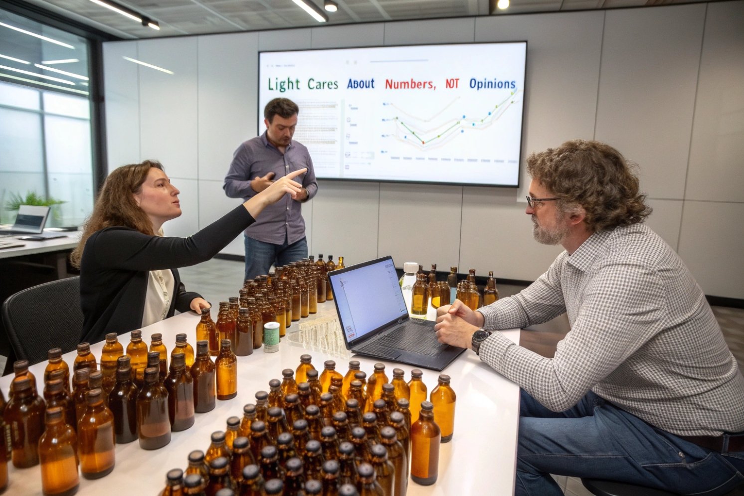 Team reviewing amber bottle light-protection data in conference room with screen reading 'Light Cares About Numbers, Not Opinions'
