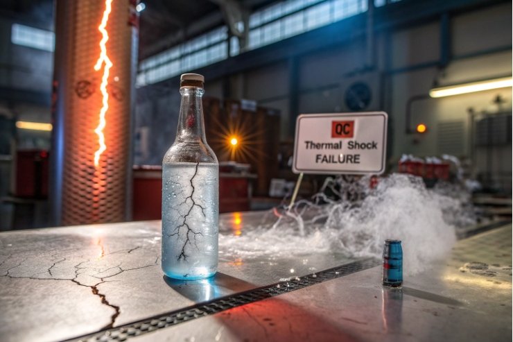 Cracked glass bottle showing thermal shock failure during industrial testing