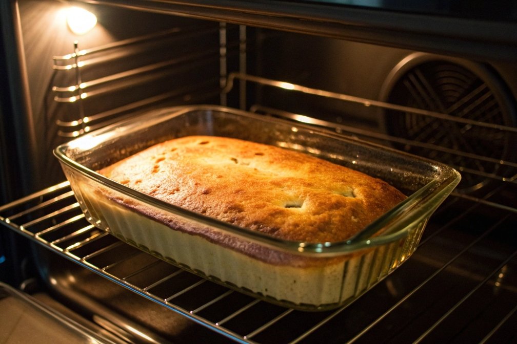 Baking cake in glass dish in oven