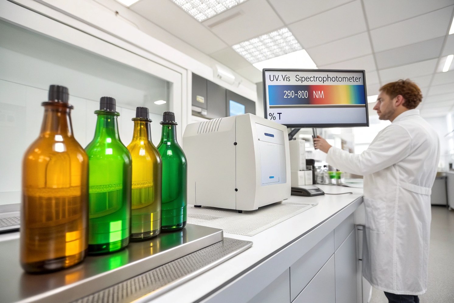 Color tinted glass bottles tested on UV Vis spectrophotometer in laboratory