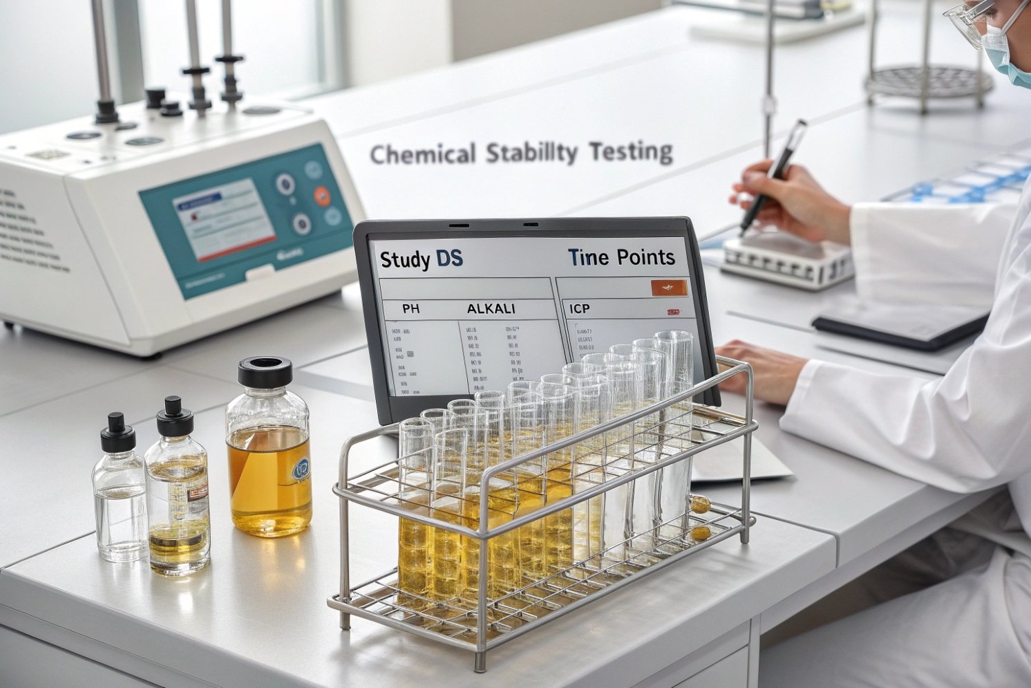 Chemical stability study using glass test tubes and vials in pharmaceutical lab