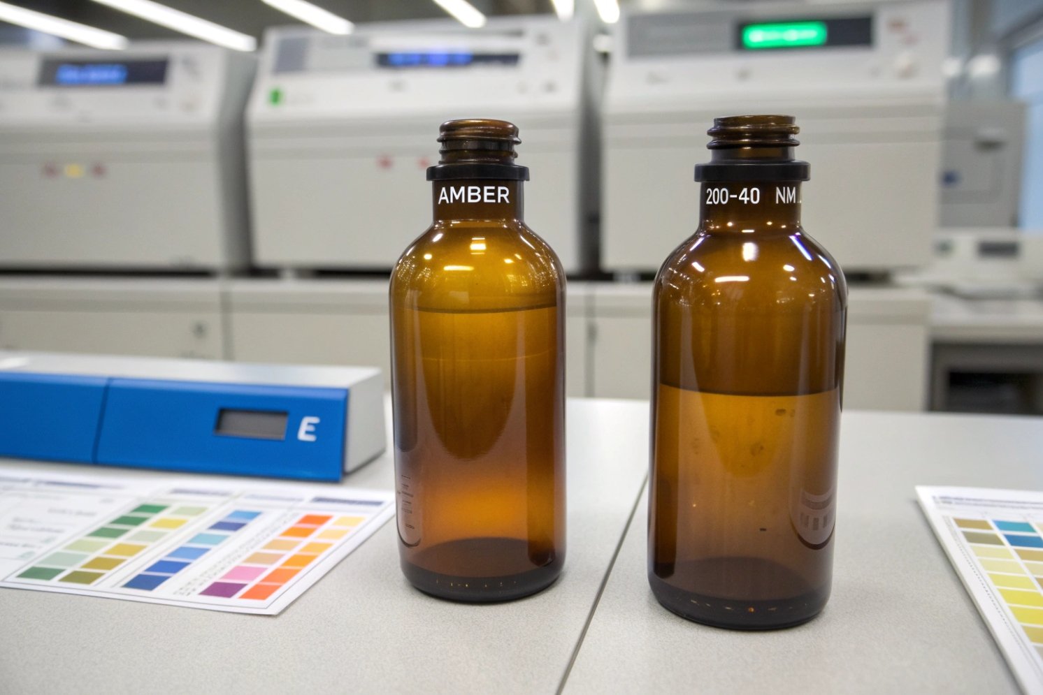 Amber glass bottles in lab labeled for AMBER and 200–400 nm evaluation next to color charts and spectrophotometer