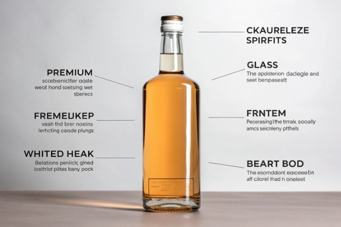 Annotated premium spirits glass bottle showing neck, shoulder, body, and label areas