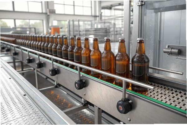 Amber beer bottles on conveyor line in brewery pasteurization and cooling process