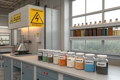 Glass lab workstation with labeled raw material jars for batch recipe testing