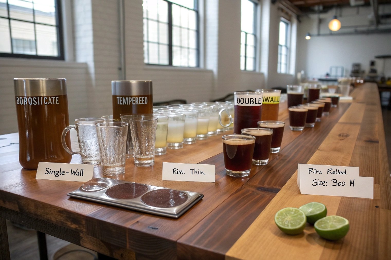 Long wooden table lined with glass coffee cups and carafes labeled borosilicate, tempered, double wall, plus note cards about single-wall and rim design for coffee testing