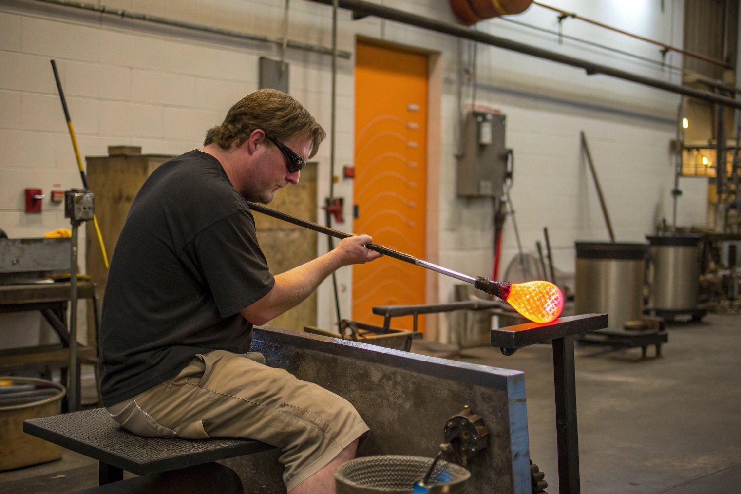 Glassblower shaping molten glass on blowpipe in hot glass studio workshop