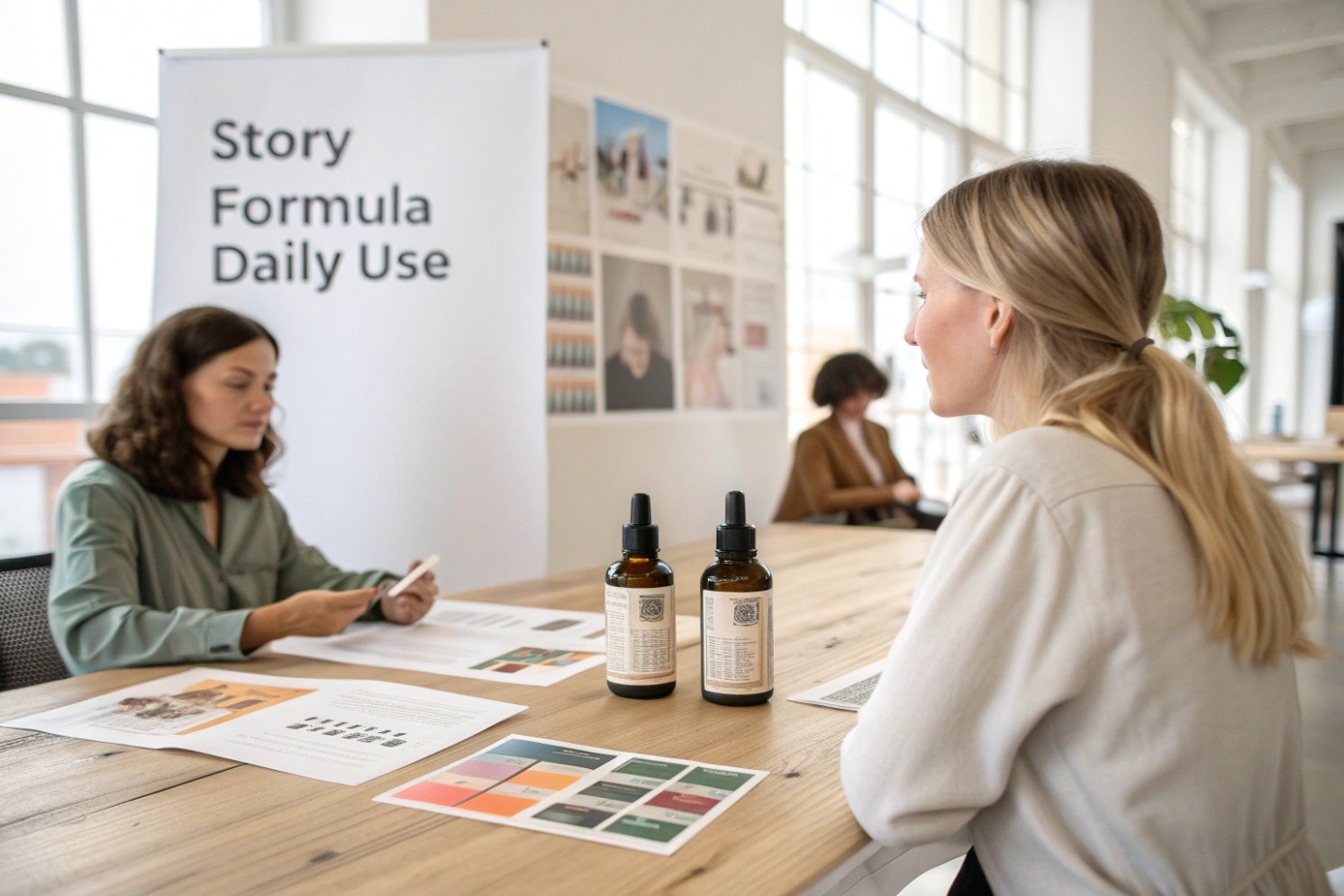 brand team reviewing amber dropper bottle label designs and color palettes at table