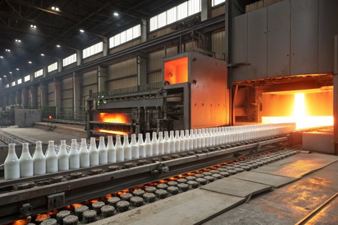White glass bottles on conveyor entering hot lehr in container glass plant