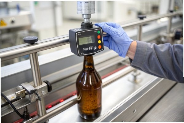 Hot fill gauge measuring amber glass bottle on conveyor for process control