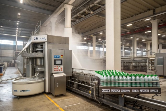Industrial bottle washer line with steam, green-capped bottles, and bulk composition tank.