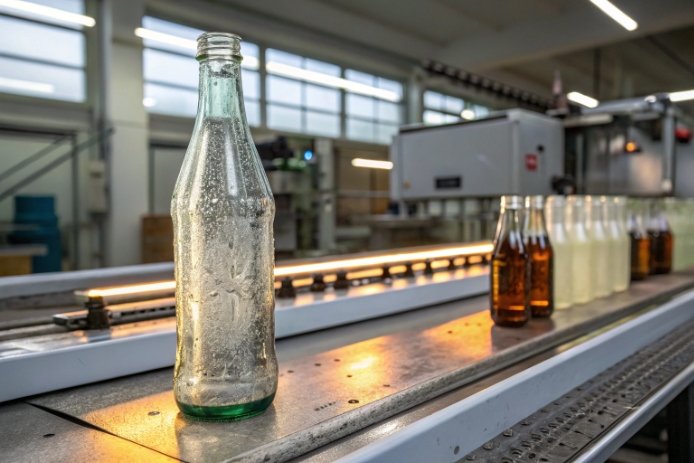 Glass production line close-up: a clear bottle with visible bubbles/defects sits in the foreground on a conveyor, with other bottles (amber/clear) lined up in the background inside a factory.